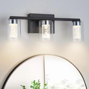 3-Light Bathroom Light Fixtures, Black Modern Vanity Lights with Clear Glass Shade, Bathroom Wall Lamp with Crystal Bubble for Mirror Kitchen Living Room Hallway, 17.91*4.72*6.30