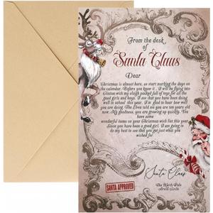 2 x 20 Set Christmas Official Letter Set Letter from Santa Claus Includes Envelope and Stickers Personalized for Kids from Santa Xmas Party Favors Gifts Kits Xmas Greetings Cards(Brown,Vintage)