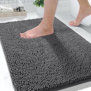 Yimobra Chenille Bathroom Rug, 32x20Inch, Extra Soft Shaggy Bath Rugs, Non-Slip Bathroom Floor Mat, Water Absorbent, Thick Durable, Machine Washable, Plush Microfiber Rugs for Shower Bathtubs, Dark Gray