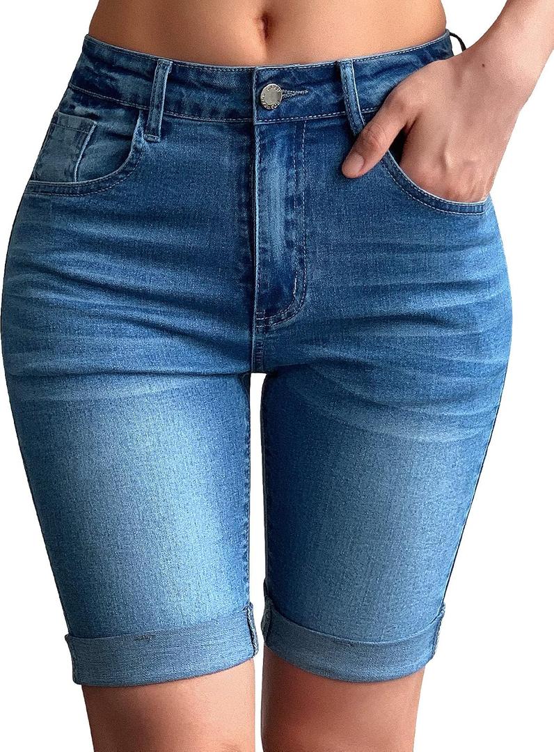 roswear Womens Mid Rise Roll Cuff Bermuda Stretch Denim Jean Shorts 
Light Blue Large