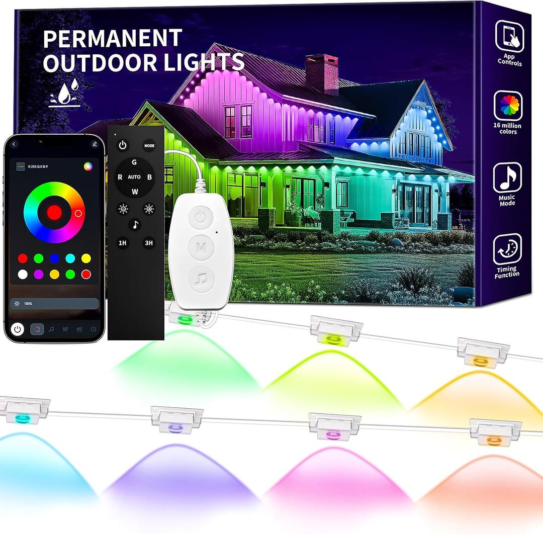 KSIPZE Permanent Outdoor Lights Waterproof IP67, Smart RGB+IC Eaves LED Lights with App & Button Control, 200+ Dynamic Scene Modes for House Roof, Garden, Christmas, Party Decor