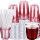 100 Sets Disposable Stemless Glasses with Flat Lids and Straws,PET Drinking Cups,Clear Plastic Coffee Cup for Iced Coffee, Smoothie, Cold Beverage, Drink Shop Christmas Party Supply (Pink, 12oz)