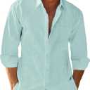 Button Down Linen Shirts for Men Casual Long Sleeve Regular Fit Cotton Beach Shirts with Pocket (Small, Mint Blue)