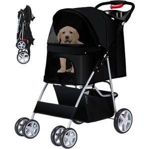 Pet Stroller, 4 Wheels Pet Strolling Cart for Medium/Small Dogs and Cats, Foldable Cat Jogger/Dog Stroller with Cup Holder, Storage Basket, Breathable Mesh, All-Season Pet Carrier, Black