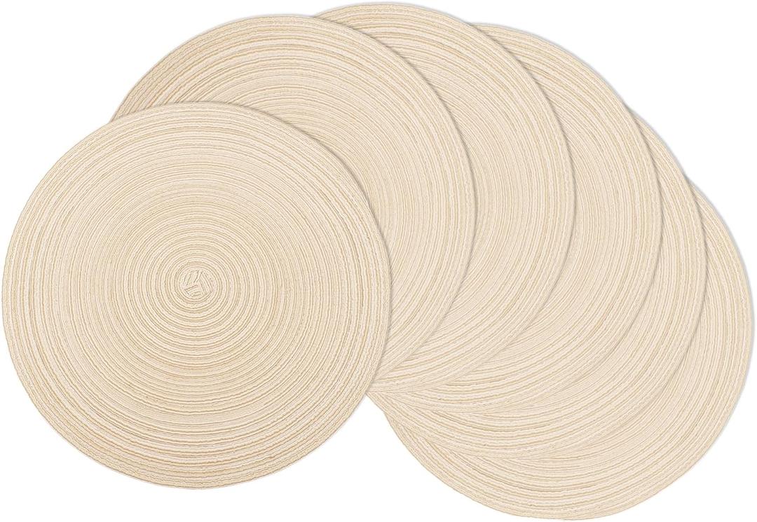 Braided Round Placemats Set of 6, Woven Washable Non-Slip Table Mats for Kitchen Dining, 14.5 Inch, Heat Resistant - Natural Fabric Indoor Outdoor Place Mats(Beige)