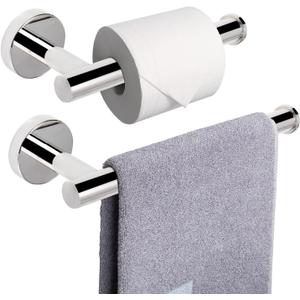 NearMoon Bath Toilet Paper Holder+ Hand Towel Holder, 2 Pieces Bathroom Hardware Set- Premium 304 Stainless Steel Toilet Roll Holder and Towel Rack Wall Mounted for Bathroom/Kitchen (Chrome Finish)