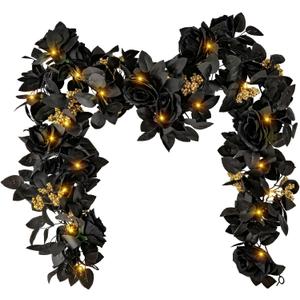2pcs Halloween Garland with Lights 5.5Ft Black Garland with Artificial Rose Artificial Hanging Fall Leave Vines for Halloween Porch Fall Thanksgiving Table Decor (Black Rose)