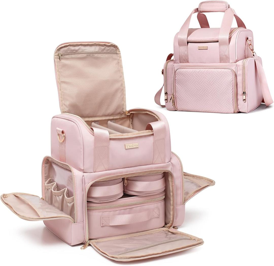 Large Makeup Cosmetic Bag with 3 Removable Case, Double Layer Travel Makeup Organizer Case with Inner Dividers and Makeup Brushes Storage Section, Pink (Patented Design)