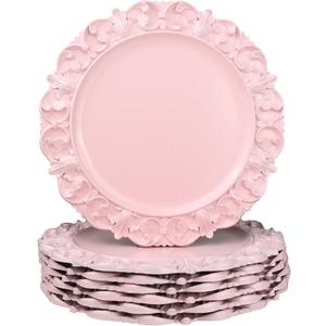 13" Pink Charger Plates, Set of 6 Plastic Textured Chargers for Dinner Plates with Embossed Rim, Table Dcor, Party, Wedding, Holiday (FD08P)