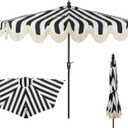 JONATHAN Y Half Umbrella UMB1201A Beverly 9 ft. Designer Classic Scalloped Fringe Market Patio with Crank, Push Button Tilt and UV Protection in Black/White
