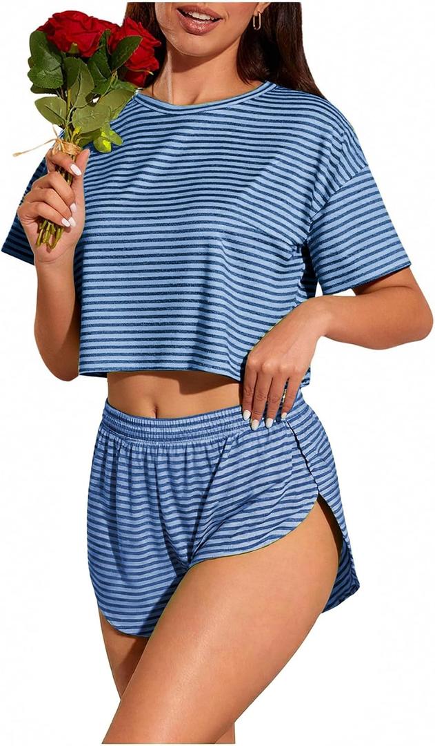 OYOANGLE Womens Pajama Sets 2 Piece Sexy Lounge Sets Summer Cute Pjs Striped Print Tee and Side Split Shorts Set, Medium