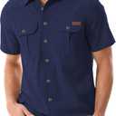 Men's Casual Button Down Shirts Outdoor Short Sleeve Summer Beach Elastic Shirt with Pocket (Blue, M)