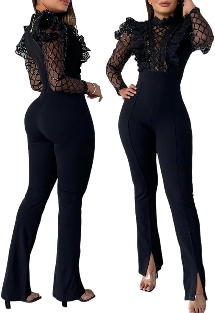 Women's Lace Sequins Jumpsuit Elegant Long Sleeve Sheer Mesh See Through Overalls Casual Jumpsuits