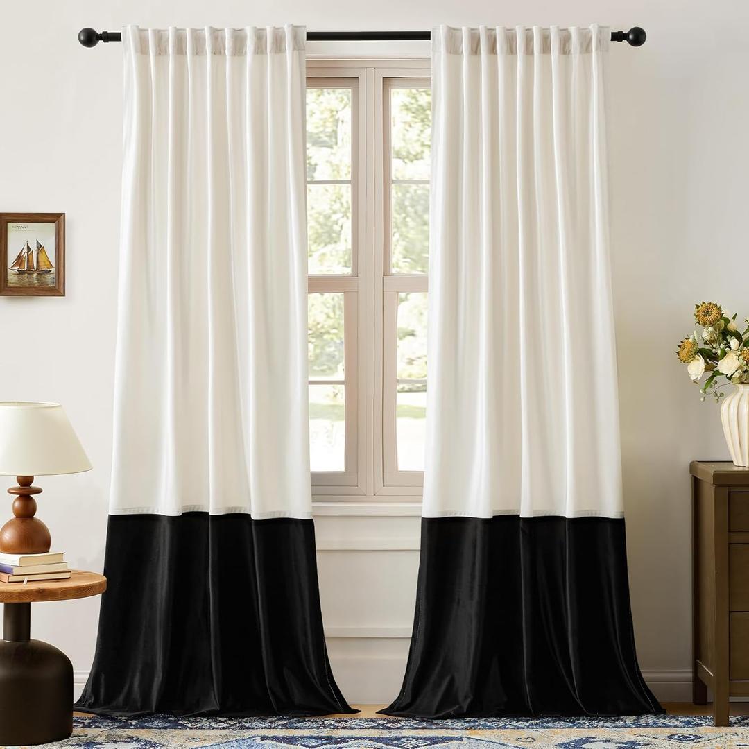 BULBUL Velvet Curtains 90 inches Long for Living Room Cream Ivory Black,2 Panels Blackout Curtains Modern Color Block Back Tab Rod Pocket Soundproof Drapes for Bedroom Window Decor