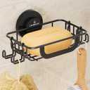 LEVERLOC Soap Holder Dish with Hooks for Shower, Bar Suction Cup Soap Tray Wall Mounted, Rustproof Stainless Steel Sponge Holder Caddy for Bathroom Bathtub Kitchen Sink, Black (1 Tier)