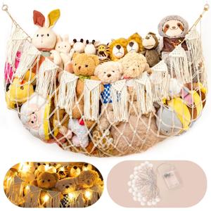 Stuffed Animal Hammock Net with Lights - Big Wall Hanging Stuffed Animal Storage for Plushies and Teddy Bears,Boho Macrame Toy Hammock Organizer Holder for Kids Boys Bedrooms Playroom Nursery White (XLarge)