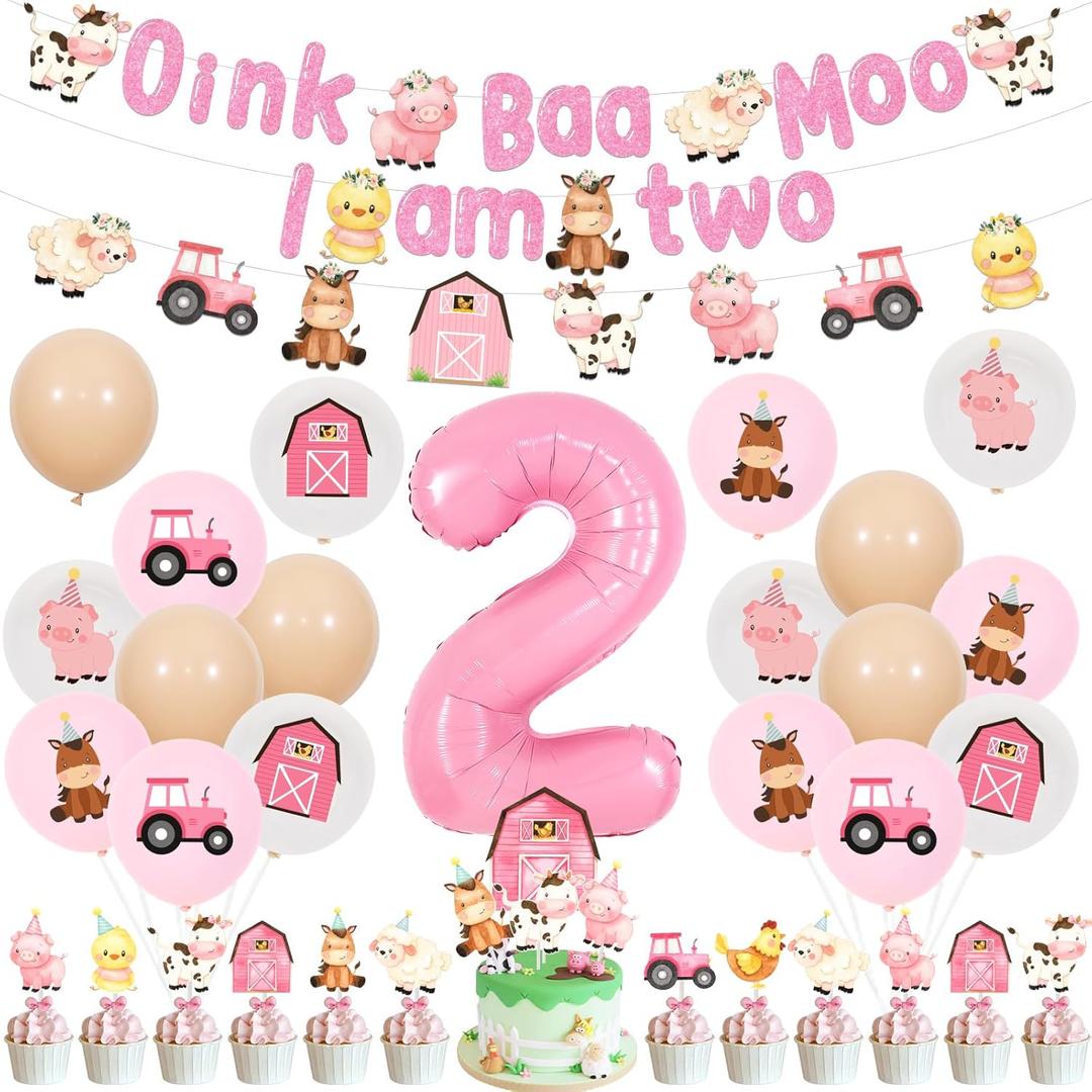 Pink Farm 2nd Birthday Decorations for Girls - Oink Baa Moo Im Two Farm Animal Theme Birthday Party Supplies with Banner Garland Balloons Cake Toppers Cupcake Toppers
