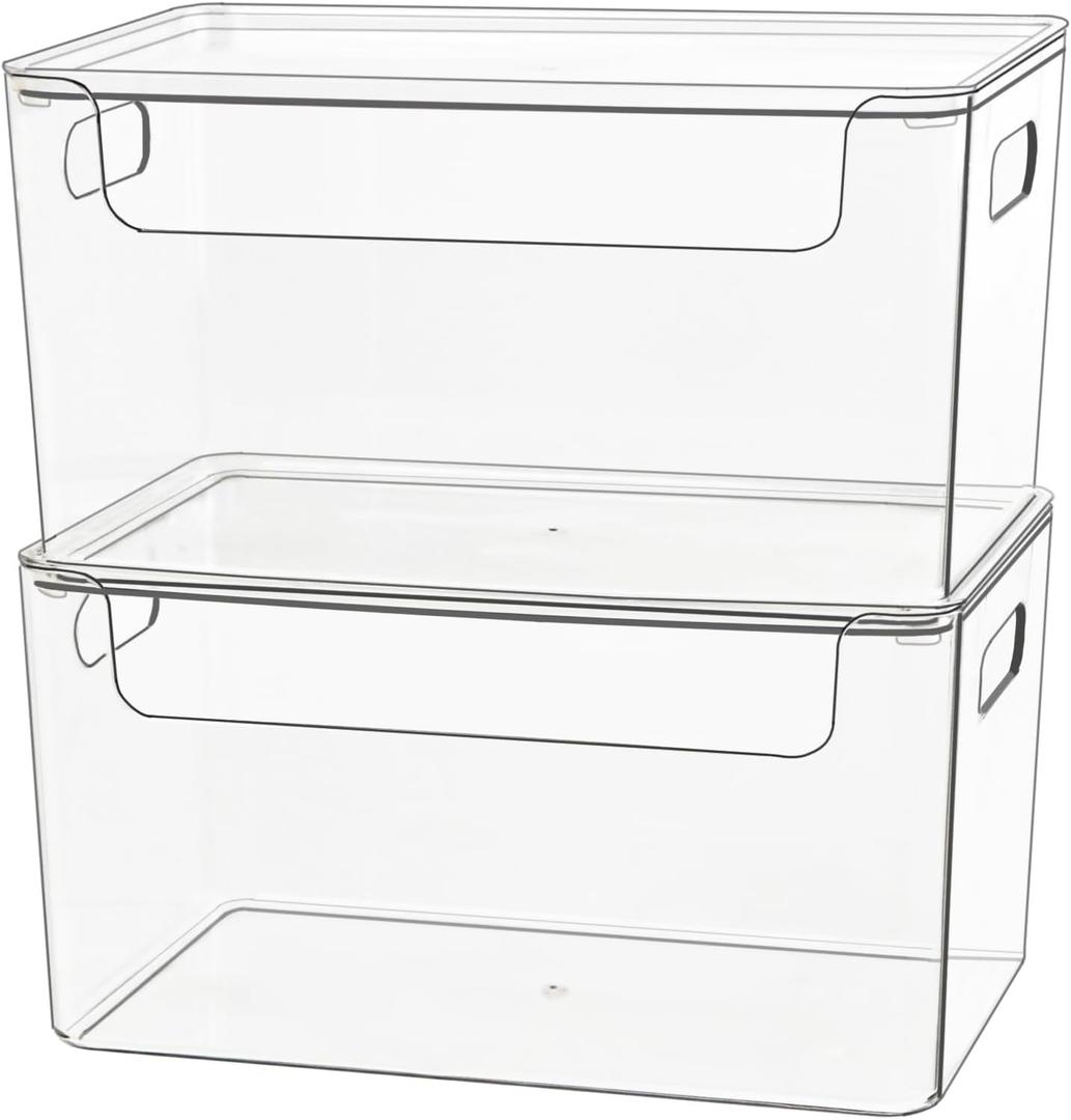 2 x Clear Plastic Storage Bin with Lid, Stackable Storage Boxes Organizing Bin for Pantry, Kitchen, Cabinets, Wardrobe, Closet, Dresser, Bathroom Storage and Organization (2pc-10x6.7x5.3)