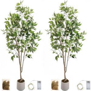 Artificial Fake Ficus Tree 6FT Tall 2Pack with String Lights & White Planter & Free Moss, Artificial Plants Indoor, Artificial Trees for Home Decor Indoor, Faux Ficus Tree