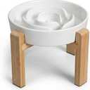 Elevated Slow Feeder Dog Bowl  Ceramic Maze Food Dish with Bamboo Stand  Raised Feeding Bowl for Fast Eaters  Ideal for Small and Medium Dogs  White  6.7 inch