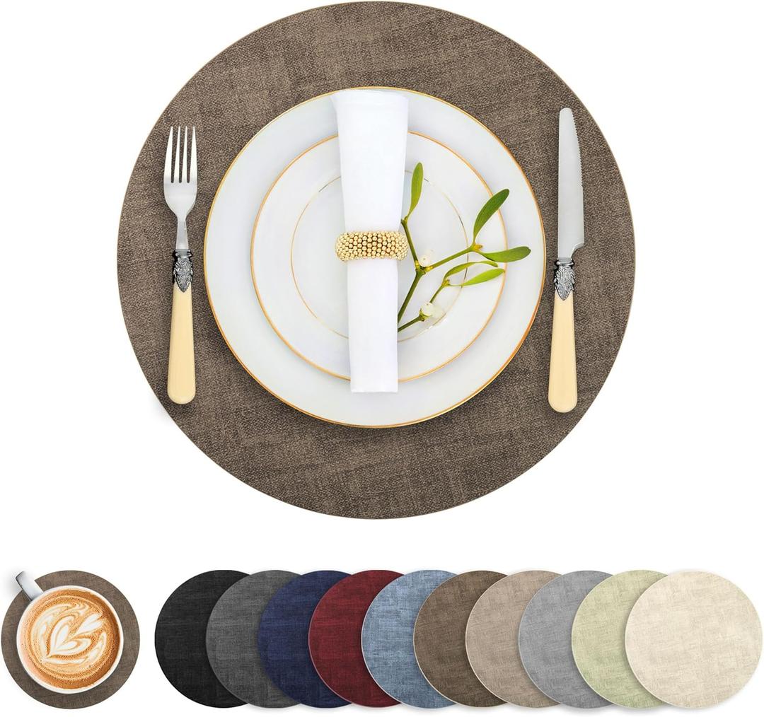 Round Faux Leather Placemats and Coasters, Set of 6, Reversible Heat Resistant Non-Slip Table Mats, Waterproof Wipeable Place Mats for Dining Table, Washable for Indoor & Outdoor (6, Dark Brown)