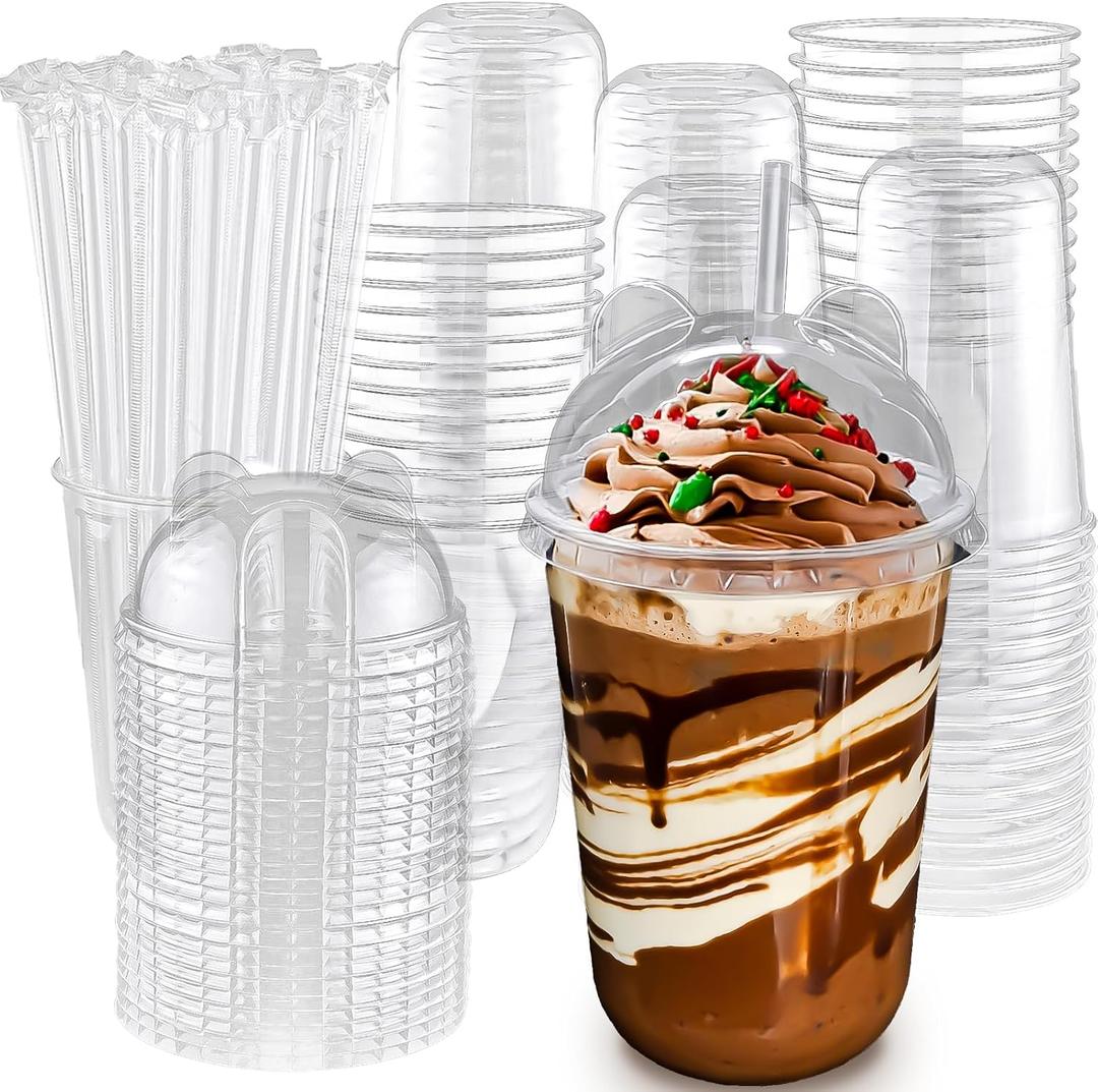16oz 50 Set Disposable Plastic Cups with Dome Lids and Straws, Clear Iced Coffee Cups with lids, Round Bottom Plastic Cup for Milkshakes Juice Beverages Holiday Party Outdoor Picnic Supplies