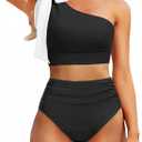 Tempt Me Women Black High Waisted Bikini Sets - Two Piece Swimsuits One Shoulder Bathing Suit with Full Coverage Bottom S