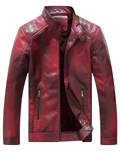Fairylinks Red Leather Jacket Men Casual Camo, Burgundy, Large and Sunglasses 