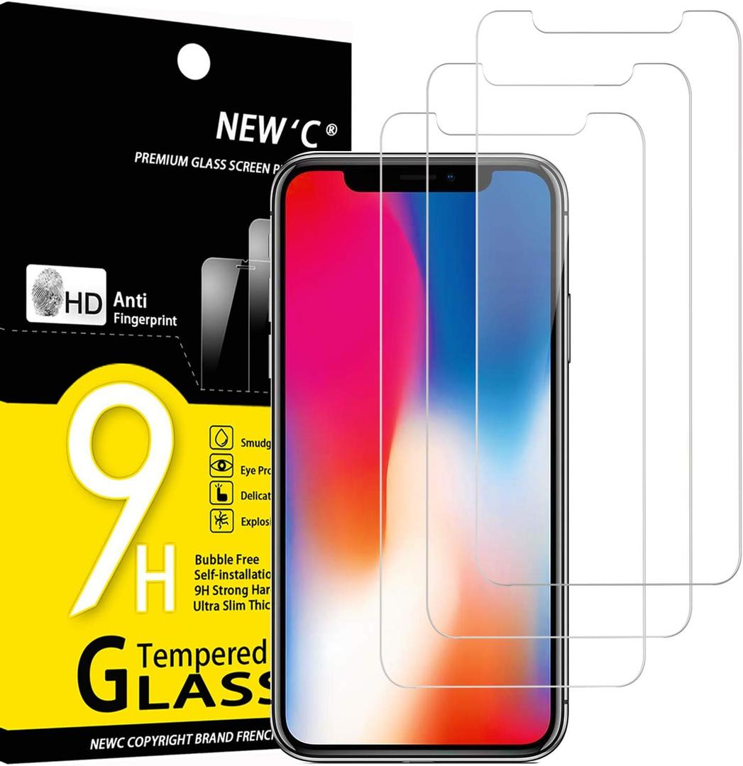 3 x NEW'C 3 Pack Designed for iPhone 11 Pro and iPhone X and iPhone XS Screen Protector,Enhanced Tempered Glass Protection, Case Friendly, Bubble Free Ultra Resistant (Transparent)