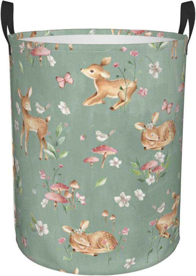 62L Round Laundry Hamper Cute Deers Storage Basket Waterproof Coating Woodland Forest Animals Butterflies And Flowers Organizer Bin For Nursery Clothes Toys
