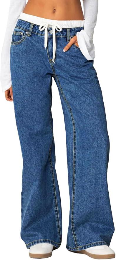 Cicy Bell Womens Wide Leg Jeans High Waisted Drawstring Color Block Patchwork Baggy Loose Y2K Denim Pants with Pockets 29.5x38