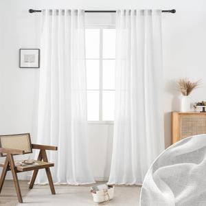 White Sheer Linen Curtains 96 Inch Length for Living Room 2 Panel Set Back Tab Opaque Draperies Linen Light Filtering Curtain for Bedroom Floor Length Crisp Vintage Beach Country 8 FT 52x96 Inch