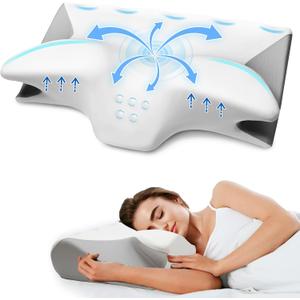 Cervical Pillow for Neck Pain Relief, Cooling Contour Memory Foam Pillows Support Odorless Ergonomic Neck Pillow Adjustable Orthopedic Bed Pillow for Side Back Stomach Sleeper with Pillowcase DFD