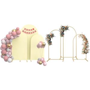 MYSWEETY Set of 3 Metal Arch Backdrop Stand and Cover Set, 4FT/5FT/6FT Wedding Arch Frame, Gold Arch Stand for Birthday, Party, Baby Shower, Ceremony Decor(Beige)