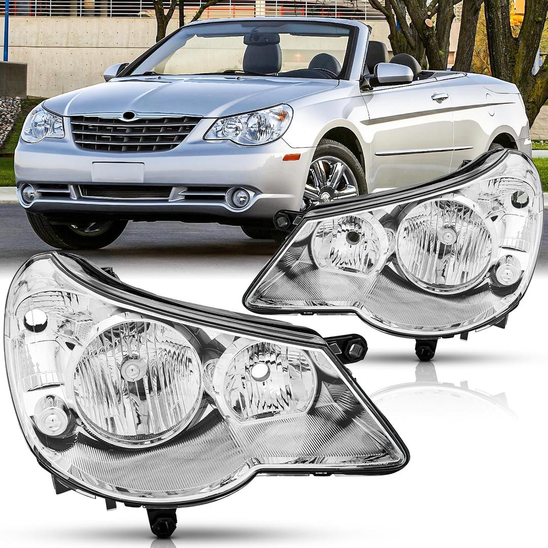 Headlights Assembly Pair for 2007 2008 2009 2010 Chrysler Sebring Headlamps Head Lights Replacement Driver and Passenger Side,Chrome Housing Clear Reflector