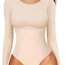 LODAY Womens Long Sleeve Bodysuit Tummy Control Shapewear Crew Neck Body Suits Top, M