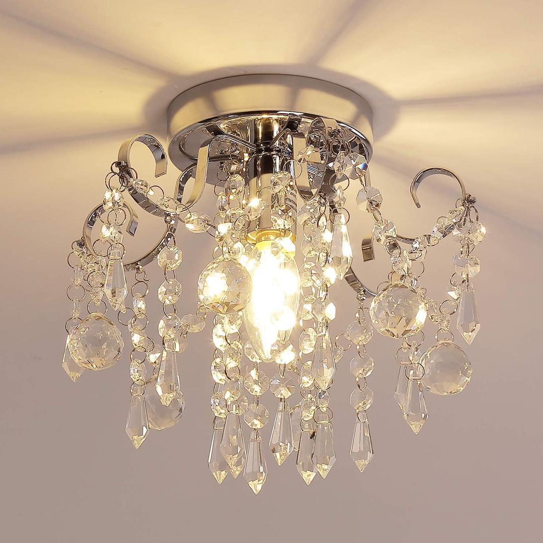 Q&S Small Crystal Chandelier,Flush Mount-Modern Mini Ceiling Light Fixture for Hallway/Entryway/Bedroom/Bathroom/Closet,Chrome Metal with K9 Crystal