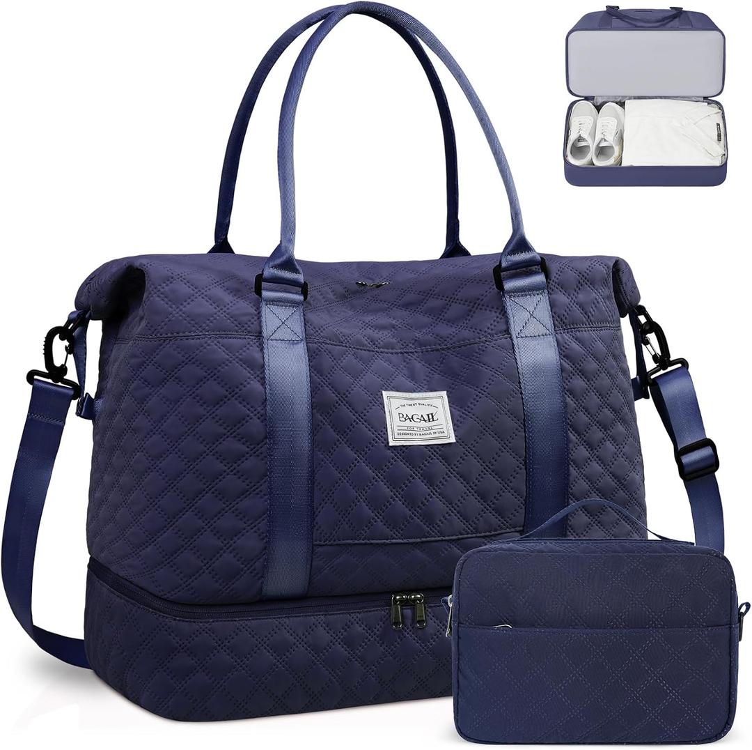 BAGAIL Travel Duffel Bag, Weekender Bags for Women, Overnight Gym Carry On Tote Bag with Wet Pocket, Hospital Mom Bag for Labor and Delivery - Extra Large Set, Grid-Navy Blue