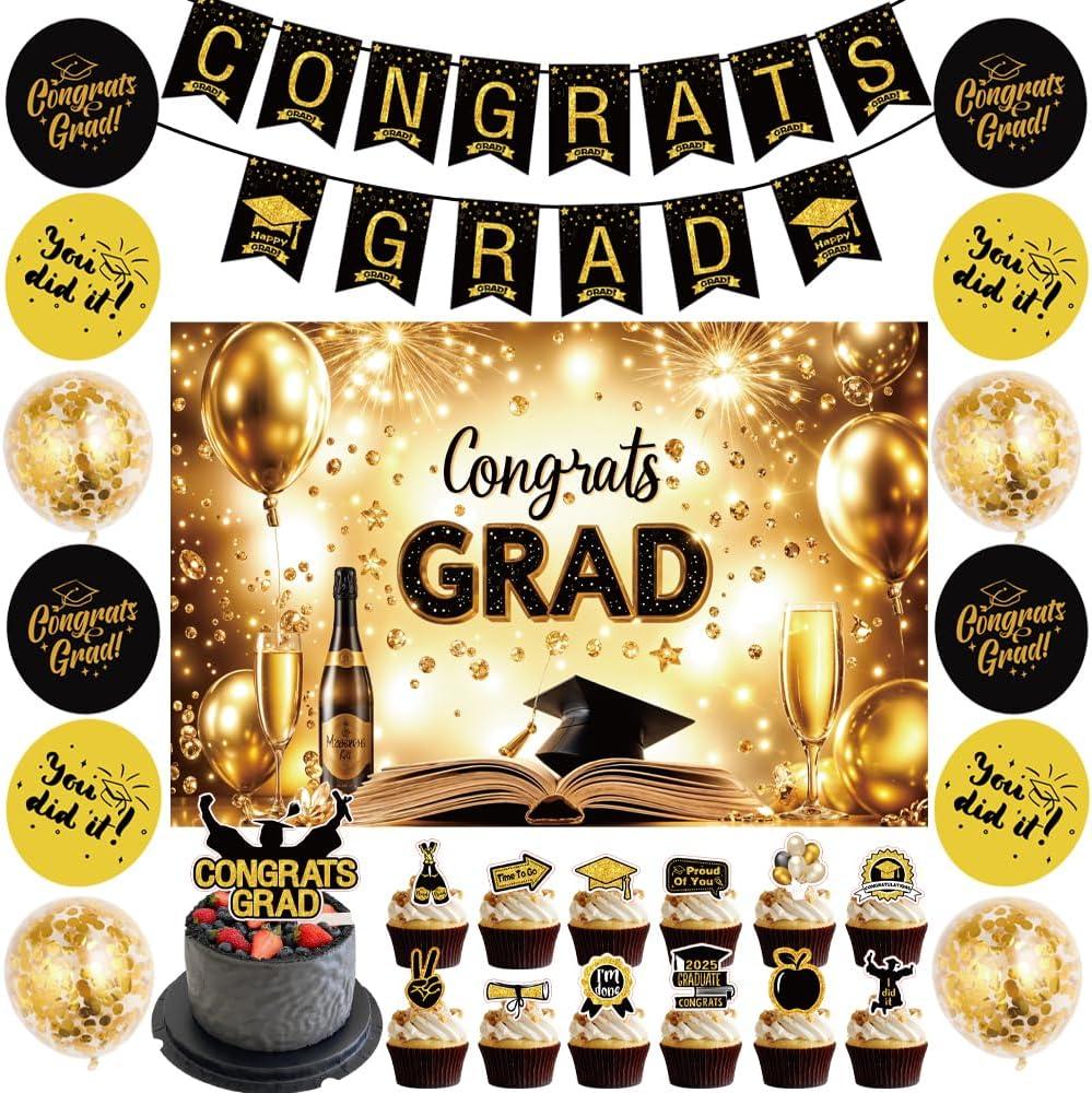 2025 Graduation Party Decorations Set  Gold Theme Banner, Class of 2025 Backdrop, Balloons & Streamers  Complete Supplies Kit for High School & College Grad Celebrations