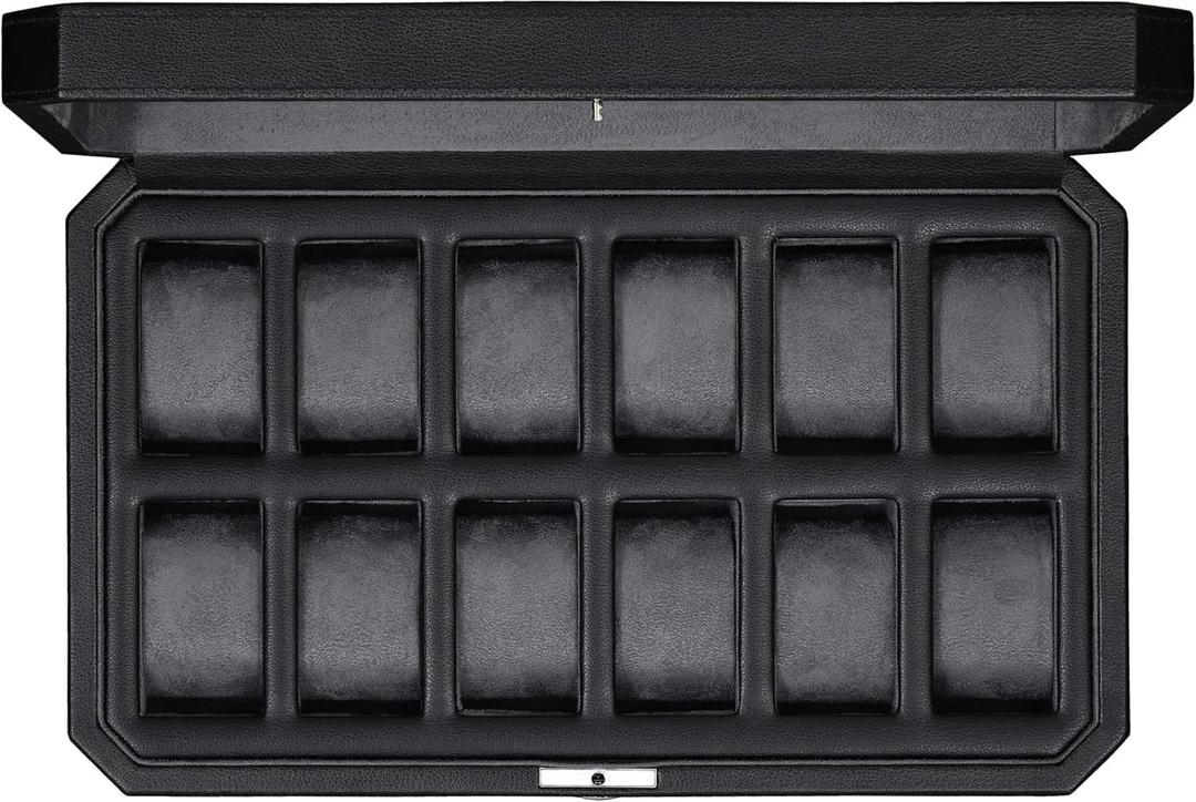 ROTHWELL 12 Slot Leather Watch Box for Men - Luxury Case Display Jewelry Organizer with Microsuede Liner - Travel Jewelry Case for Mens Accessories, Travel Organizer (Black & Grey)