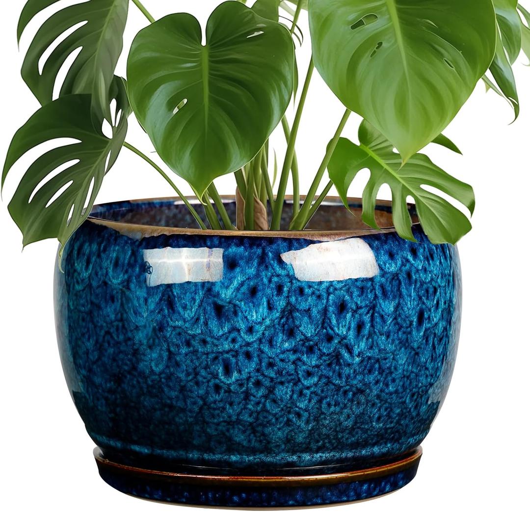 SQOWL 10 Inch Plant Pot - Ceramic Planter Pot with Drainage Hole and Saucer, Decorative Plant Pot for Indoor Outdoor Plants, Round Large Planter Flower Pot, Blue