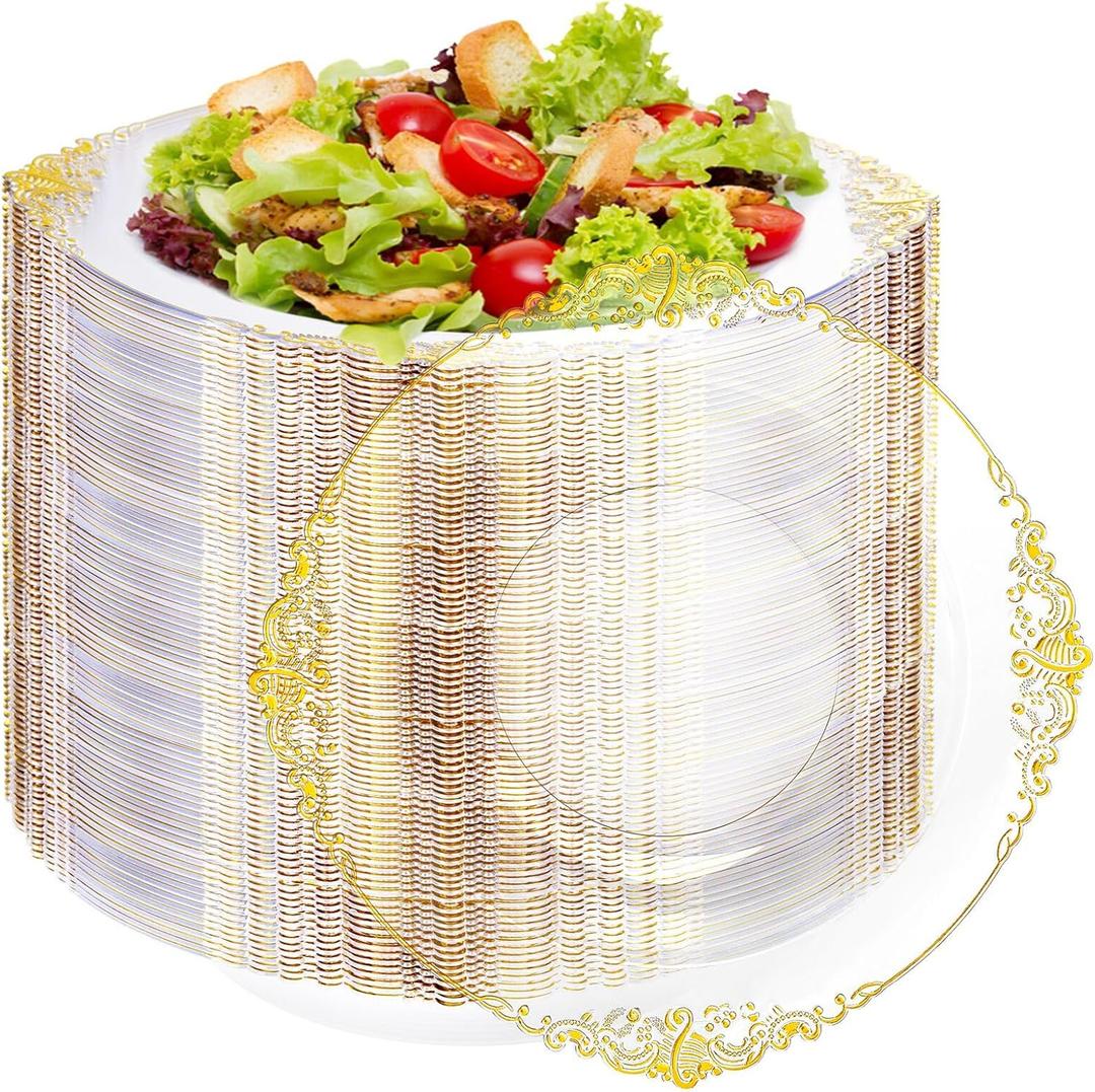 Joyido 100PCS Clear Gold Plastic Bowls - 12 oz Clear Disposable Salad Bowls - Heavy Duty Disposable Soup Bowl - Fancy Plastic Ice Cream Bowl for Weddings, Parties, Dinners, Catering, Picnics
