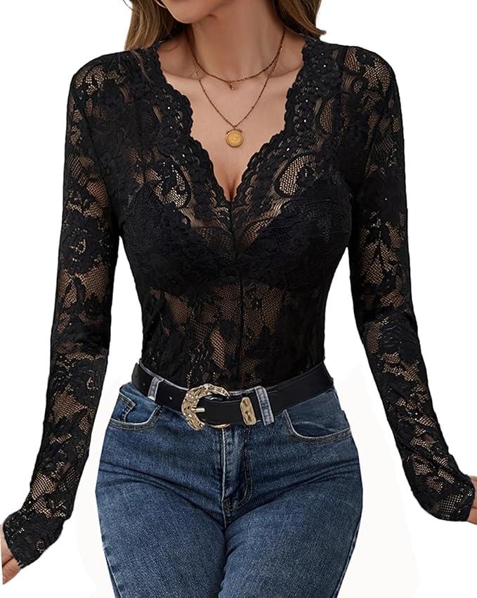METWAY Women's Lace Long Sleeve Top Sheer Floral Lace Shirt Elegant V Neck Sexy Undershirt Blouse Mesh Going Out Trendy (Black,XL)