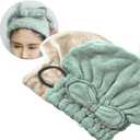 Jseng [New Upgrade] Microfiber Hair Drying Towel Cap, Extrame Soft & Ultra Absorbent, Fast Drying Hair Shower Cap for Girls and Women, Icegreen+white