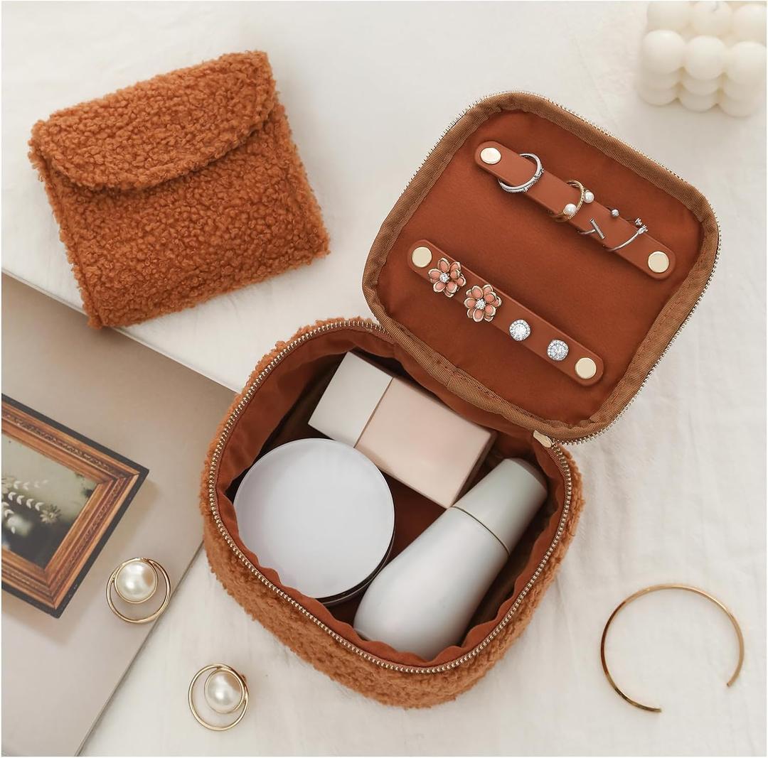 Travel Jewelry Case, 2-In-1 Small Jewelry Organizer Travel Jewelry Storage with Foldable Jewelry Roll for Earrings Rings Makeup, Travel Essentials Gifts for Women Girl, Toffee