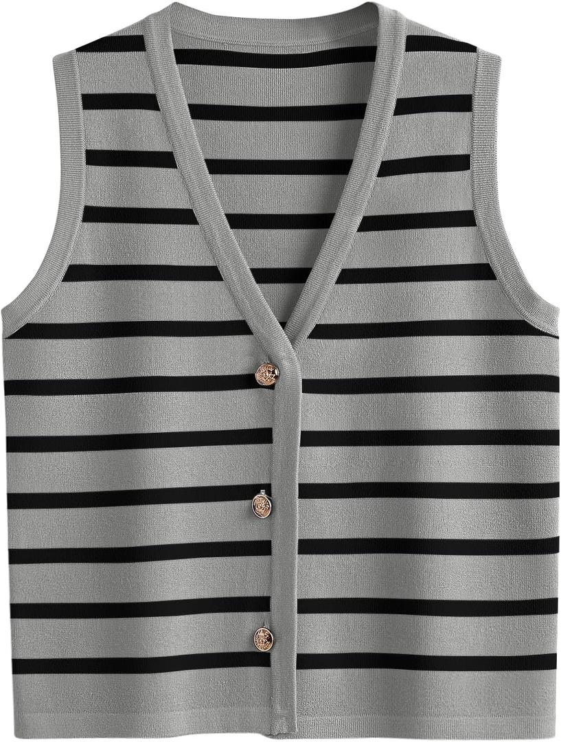 LILLUSORY Vest Tops for Women 2025 Fall Outfits Striped Sweaters Button Up Casual Shirts Blouses Jacket Fashion Clothes (X-Small, Grey_black)