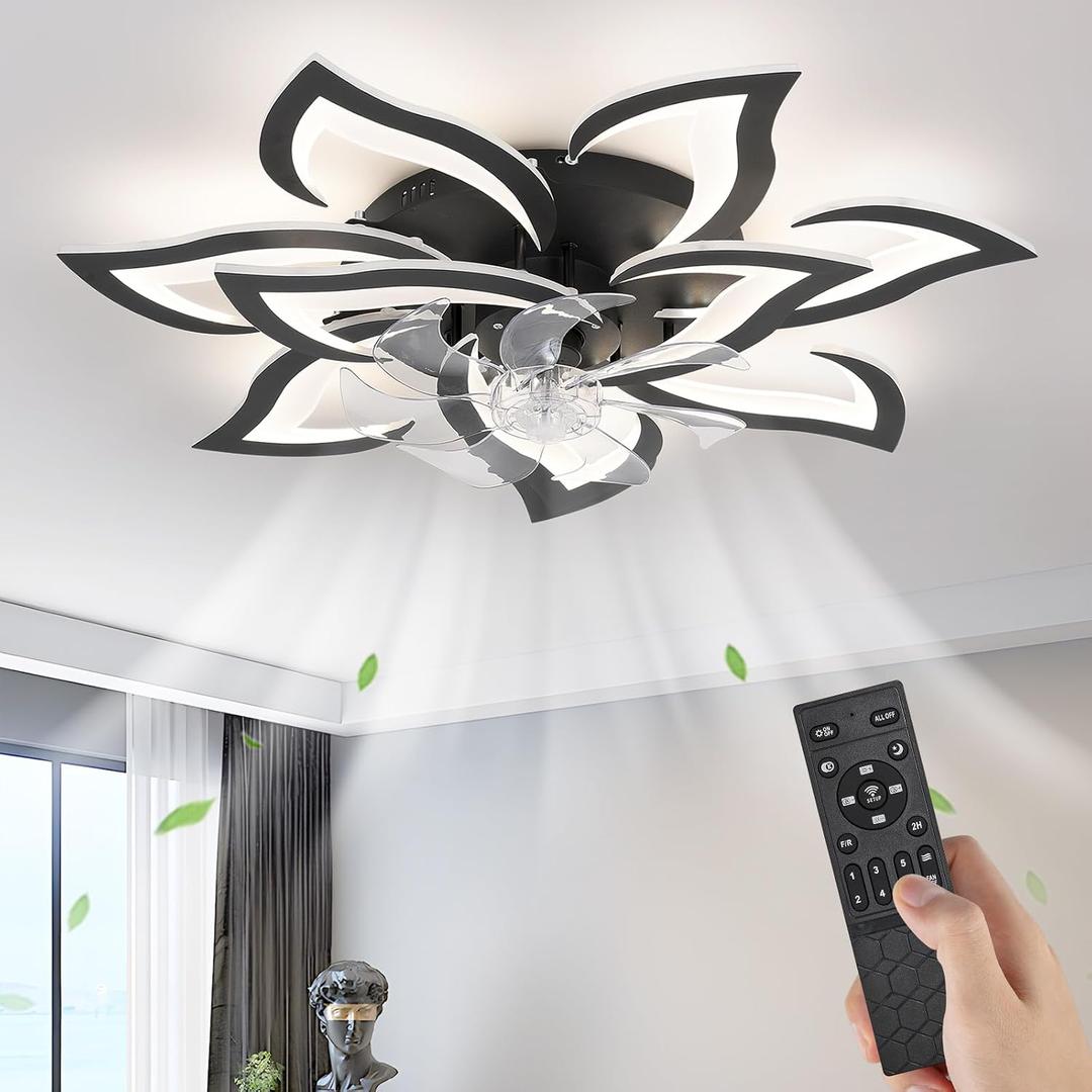 Ceiling Fan with Lights Remote Control, 32" Black Flower Modern Ceiling Fan with Lights, Low Profile Flush Mount Ceiling Fan for Kitchen Bedroom Living Room