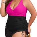 B2prity Women's Plus Size One Piece Swimdress Swimsuit Tummy Control Slimming Swim Dress Mesh Drawstring Skirted Bathing Suit (Pink, L)