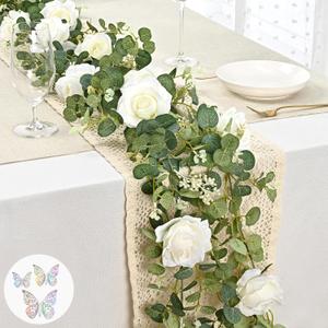 Yastouay 6.6 Ft White Flower Garland with 3D Butterfly, Artificial Eucalyptus Garland with Flowers Fake Rose Vine for Table Centerpiece Wedding Arch Baby Shower Party Room Backdrop Decor