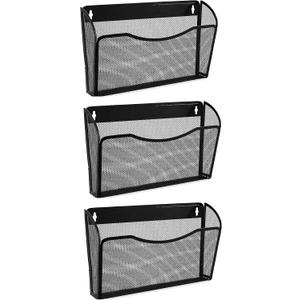 3 Single Pocket Mesh Hanging File Organizer, Vertical Wall Mounted Magazine File Holder, Mount Basket Mail Paper Document Folder Organizing for Office, Home and School, Black